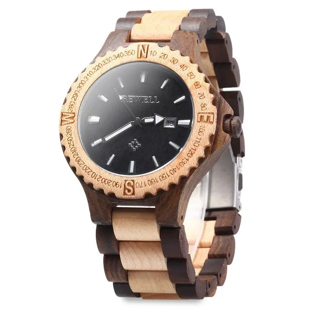 BEWELL Mens Wooden Watch with Calendar Display