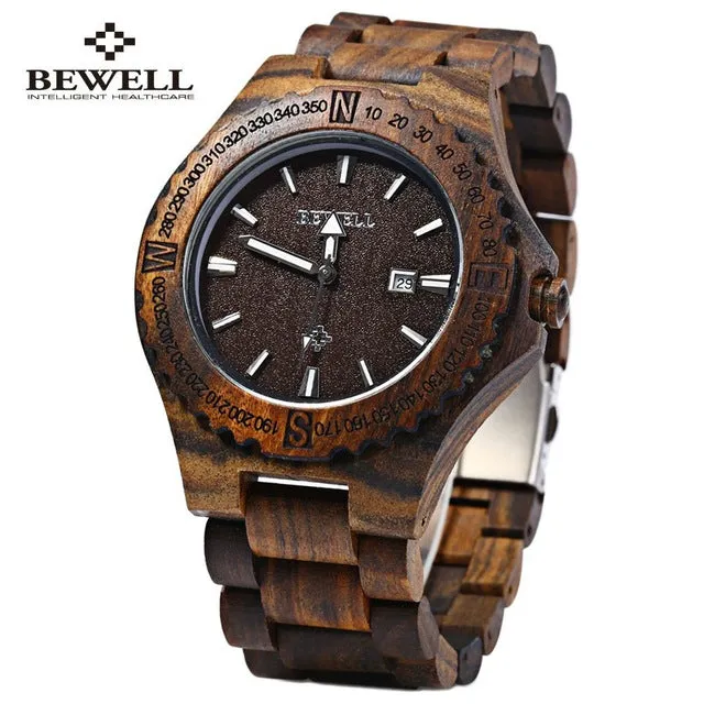 BEWELL Mens Wooden Watch with Calendar Display