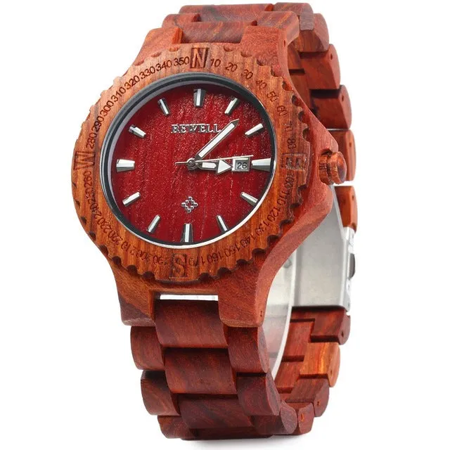 BEWELL Mens Wooden Watch with Calendar Display
