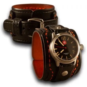 Black & Orange Layered Leather Cuff Watch with 42mm Sapphire, 10ATM