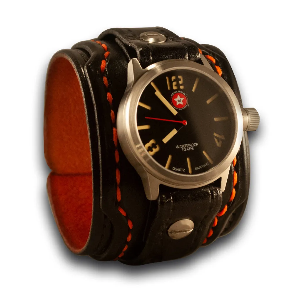 Black & Orange Layered Leather Cuff Watch with 42mm Sapphire, 10ATM