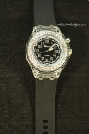 Black/Black Clear Rhinestones Large Face | Silicone Band with Clasp