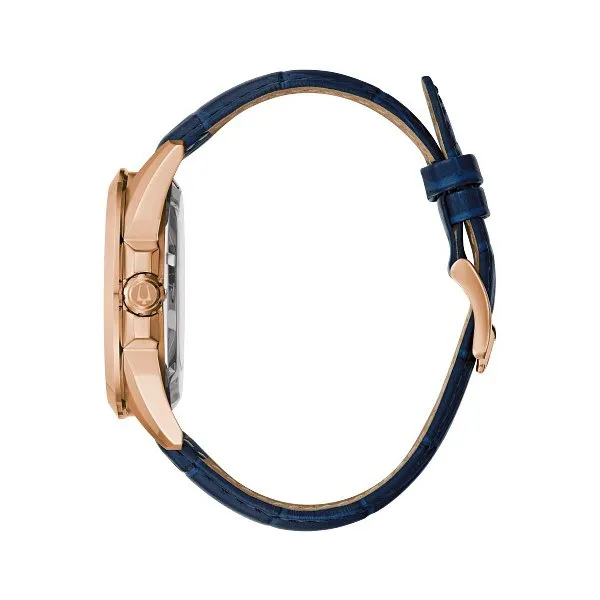 Bulova Sutton Mens Automatic Rose Tone Blue Leather Strap Watch