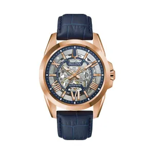 Bulova Sutton Mens Automatic Rose Tone Blue Leather Strap Watch