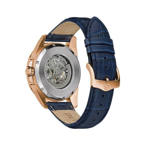 Bulova Sutton Mens Automatic Rose Tone Blue Leather Strap Watch