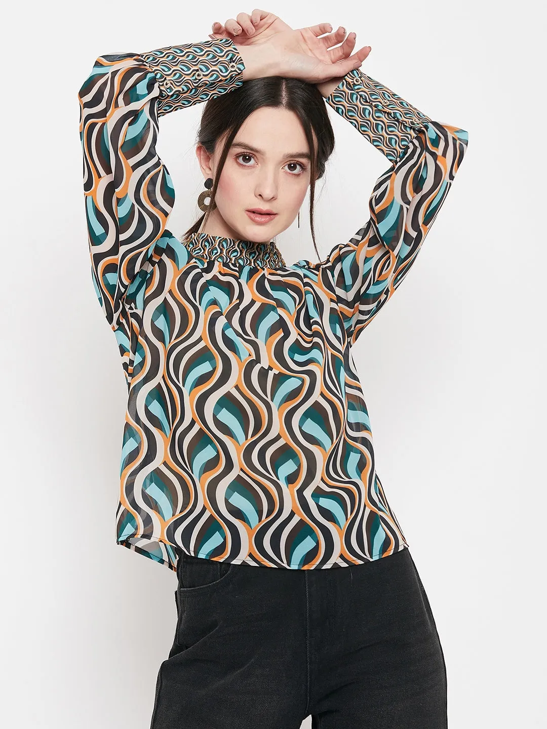 Camla Barcelona Women’S High-Neck Pleated Green Top