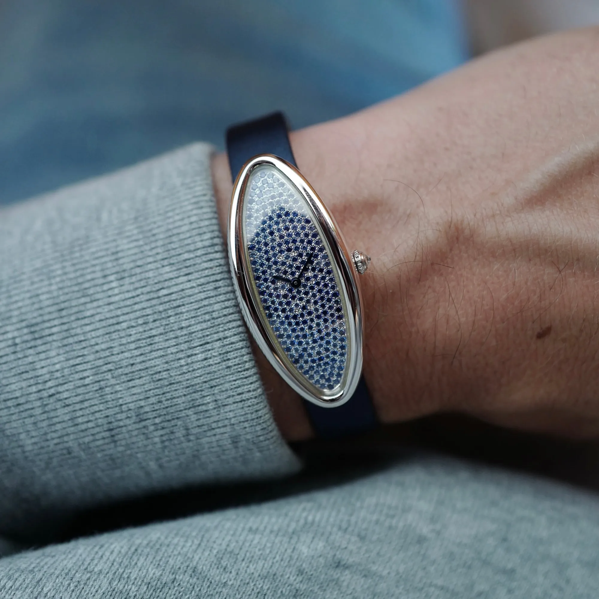 Carter White Gold Baignoire Allongee with Diamond and Sapphire Pave Dial Ref. 2514