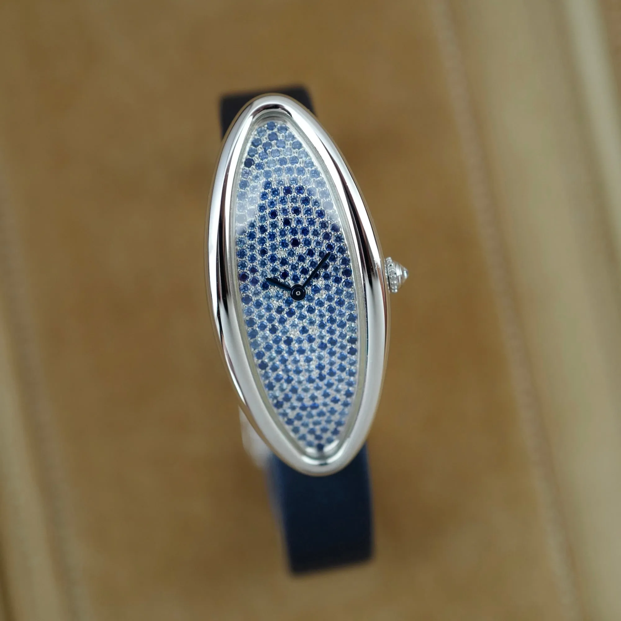 Carter White Gold Baignoire Allongee with Diamond and Sapphire Pave Dial Ref. 2514