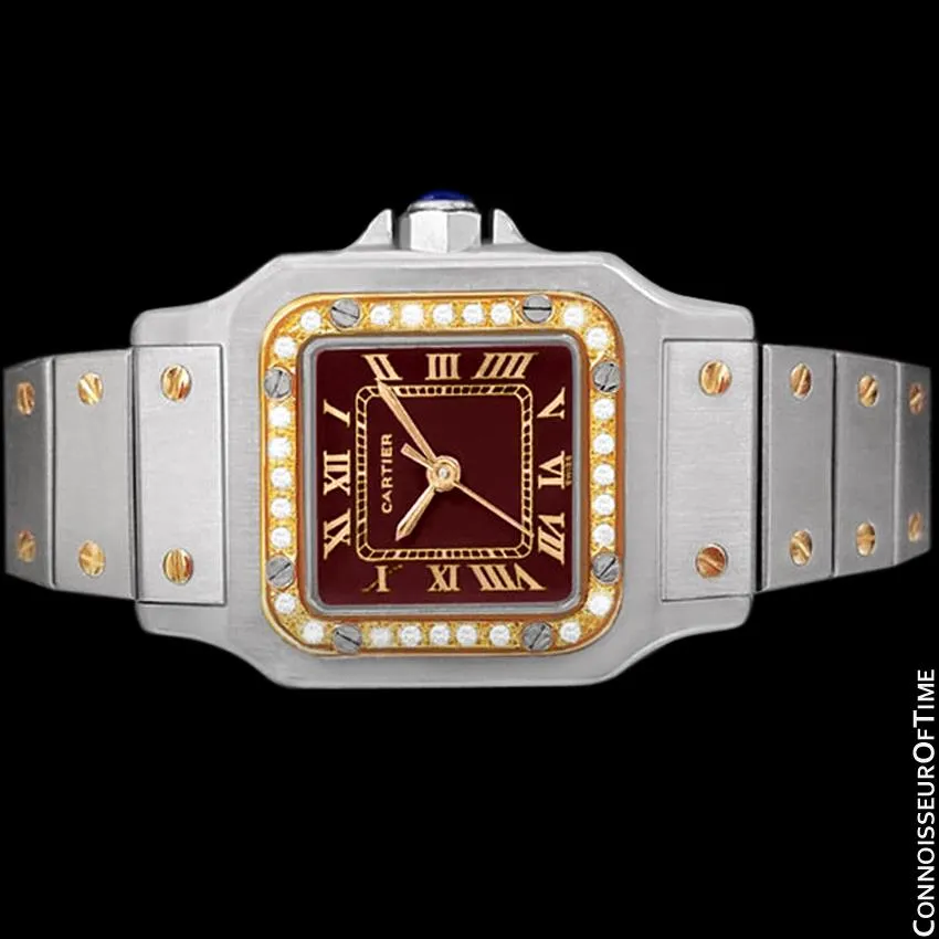 Cartier Santos Ladies Automatic Watch with Date with Red Wine Dial - Stainless Steel, 18K Gold and Diamonds