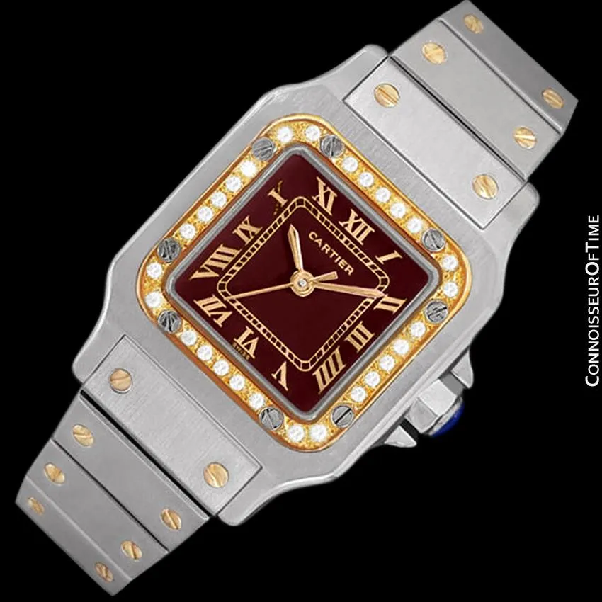 Cartier Santos Ladies Automatic Watch with Date with Red Wine Dial - Stainless Steel, 18K Gold and Diamonds
