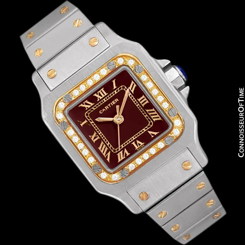 Cartier Santos Ladies Automatic Watch with Date with Red Wine Dial - Stainless Steel, 18K Gold and Diamonds