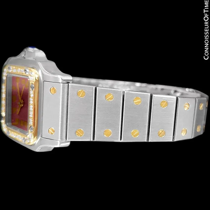Cartier Santos Ladies Automatic Watch with Date with Red Wine Dial - Stainless Steel, 18K Gold and Diamonds