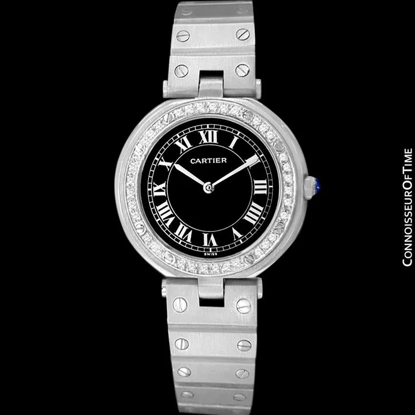 Cartier Santos Vendome Ladies Quartz Watch with Black Dial - Stainless Steel & Diamonds