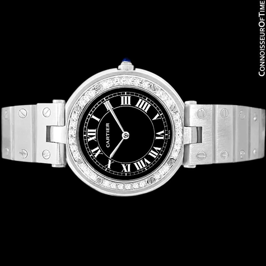 Cartier Santos Vendome Ladies Quartz Watch with Black Dial - Stainless Steel & Diamonds
