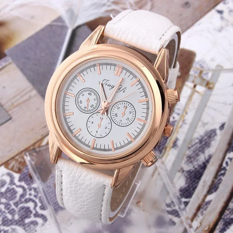 Casual Watches Unisex gold Case Dress watch elegant white dial quartz Watches PU belt analog wristwatches