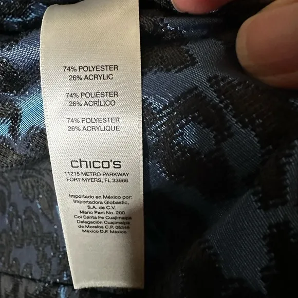 Chico’s Blue &amp; Black Animal Print Shimmer Jacket – Size 2 (Women’s 12)
