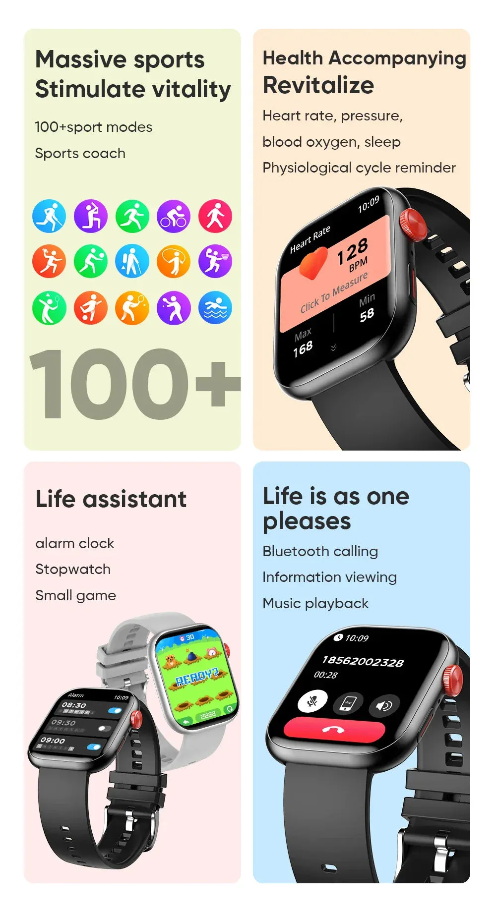 Comparable to the Apple Watch Smart Watch Heart Rate Boold Pressure Full Touch Screen Bluetooth Call Waterproof Watches Sport Fitness Tracker Smartwatch Voice Assistant