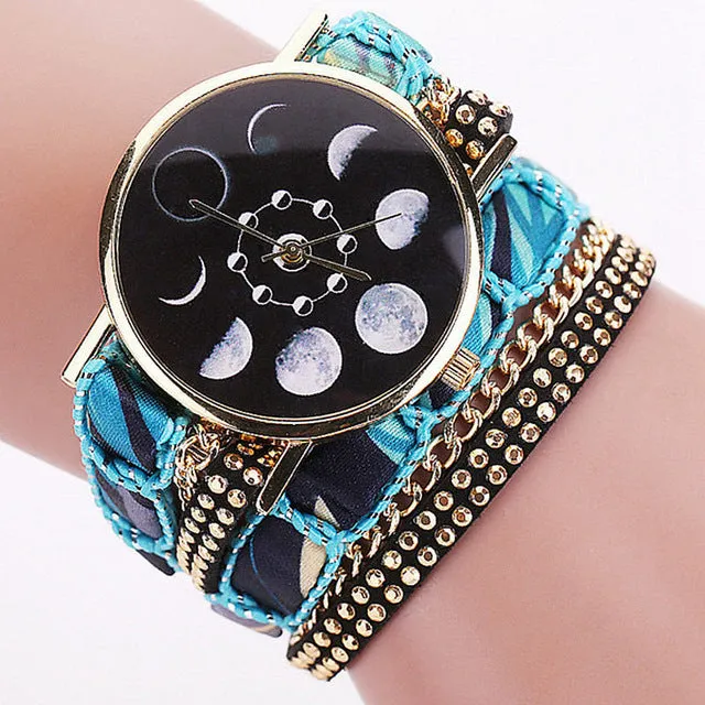 Creative Lunar Solar Eclipse Moon Phase Watch Boho Ethnic Bracelet watches Women Fabric Leather Quartz Ladies Wrist Watch Clock