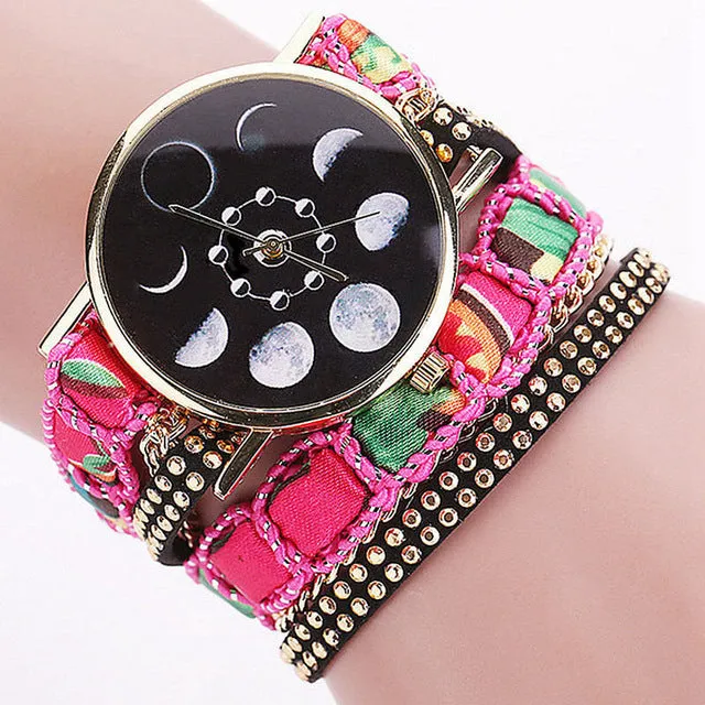 Creative Lunar Solar Eclipse Moon Phase Watch Boho Ethnic Bracelet watches Women Fabric Leather Quartz Ladies Wrist Watch Clock
