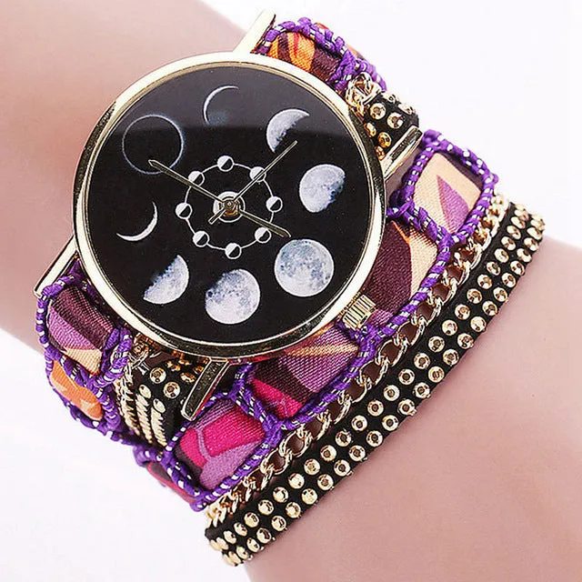 Creative Lunar Solar Eclipse Moon Phase Watch Boho Ethnic Bracelet watches Women Fabric Leather Quartz Ladies Wrist Watch Clock