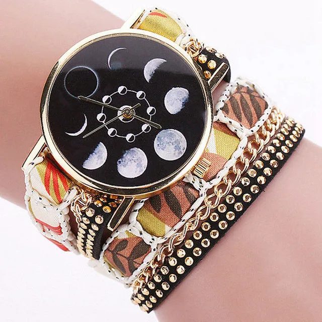 Creative Lunar Solar Eclipse Moon Phase Watch Boho Ethnic Bracelet watches Women Fabric Leather Quartz Ladies Wrist Watch Clock
