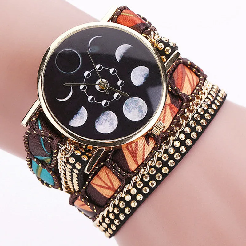 Creative Lunar Solar Eclipse Moon Phase Watch Boho Ethnic Bracelet watches Women Fabric Leather Quartz Ladies Wrist Watch Clock