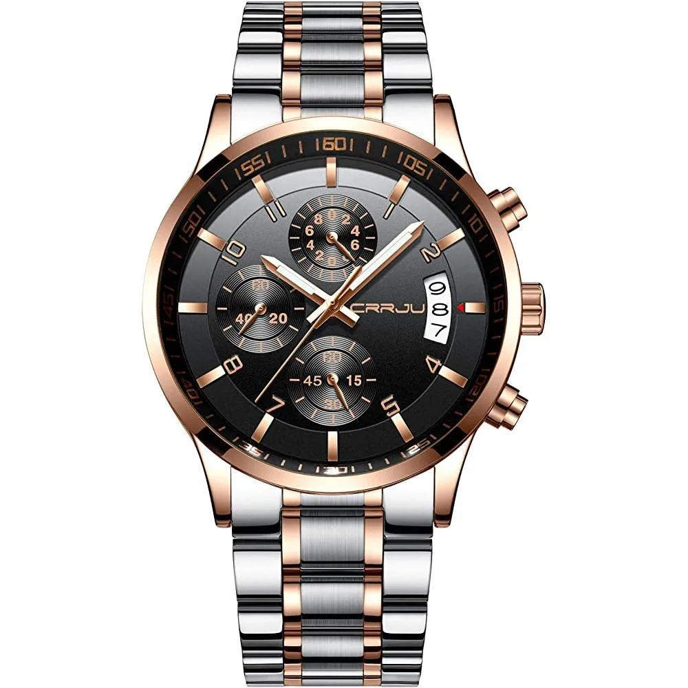 CRRJU Men's Fashion Stainless Steel Watches Date Waterproof Chronograph Wristwatches,Stainsteel Steel Band Waterproof Watch | Multiple Colors