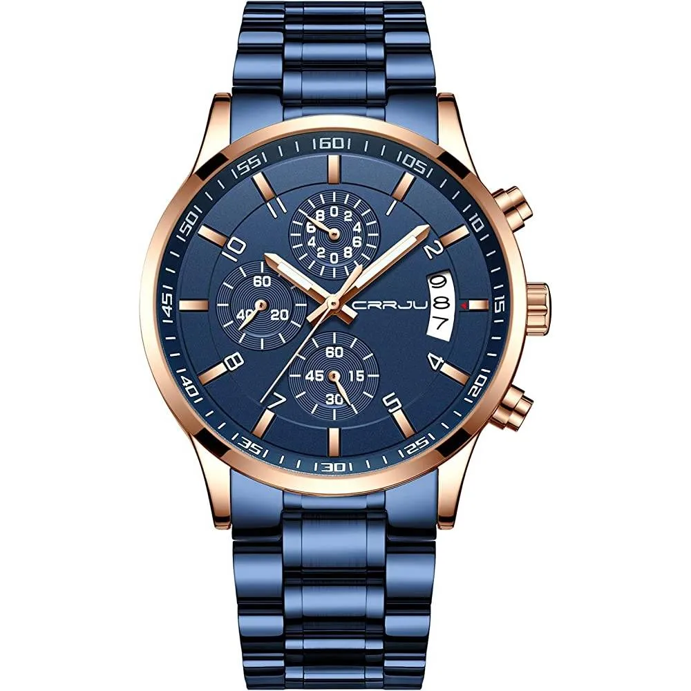 CRRJU Men's Fashion Stainless Steel Watches Date Waterproof Chronograph Wristwatches,Stainsteel Steel Band Waterproof Watch | Multiple Colors