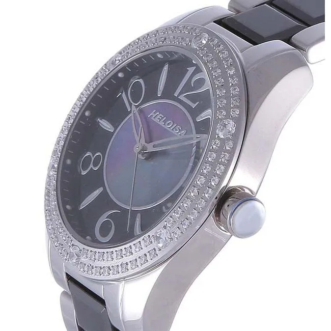 Dual Toned Ceramic Band With Crystals Black MOP Dial Watch For Men and Women - Heloisa 76120207