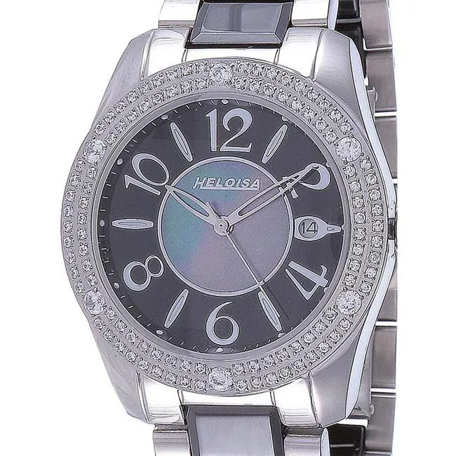 Dual Toned Ceramic Band With Crystals Black MOP Dial Watch For Men and Women - Heloisa 76120207