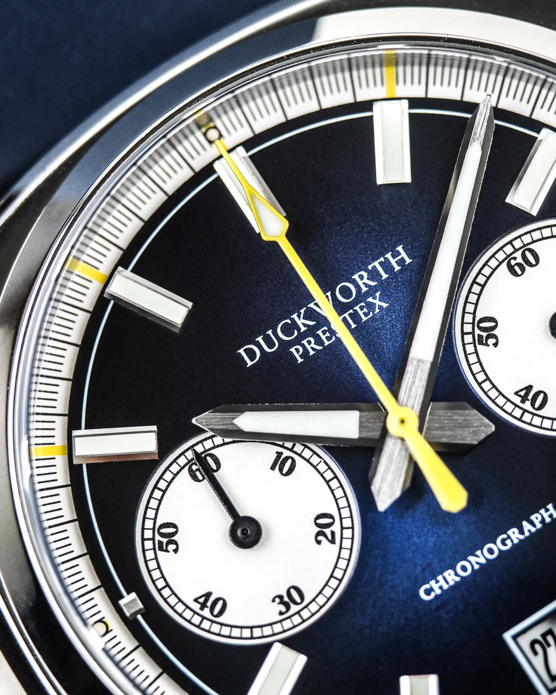 Duckworth Prestex Chronograph 42 Blue Sunburst Grey Leather Watch