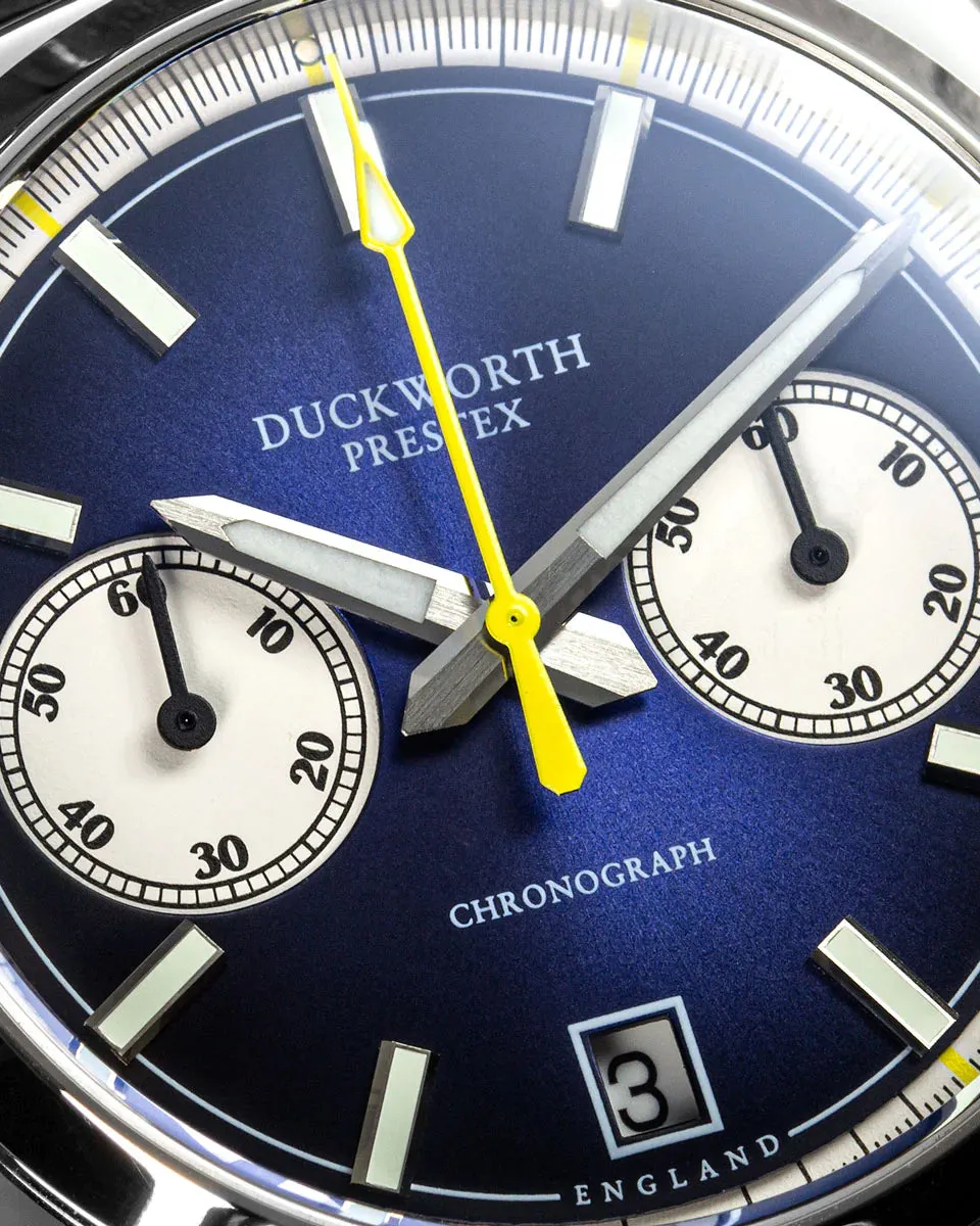 Duckworth Prestex Chronograph 42 Blue Sunburst Grey Leather Watch