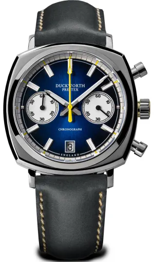 Duckworth Prestex Chronograph 42 Blue Sunburst Grey Leather Watch