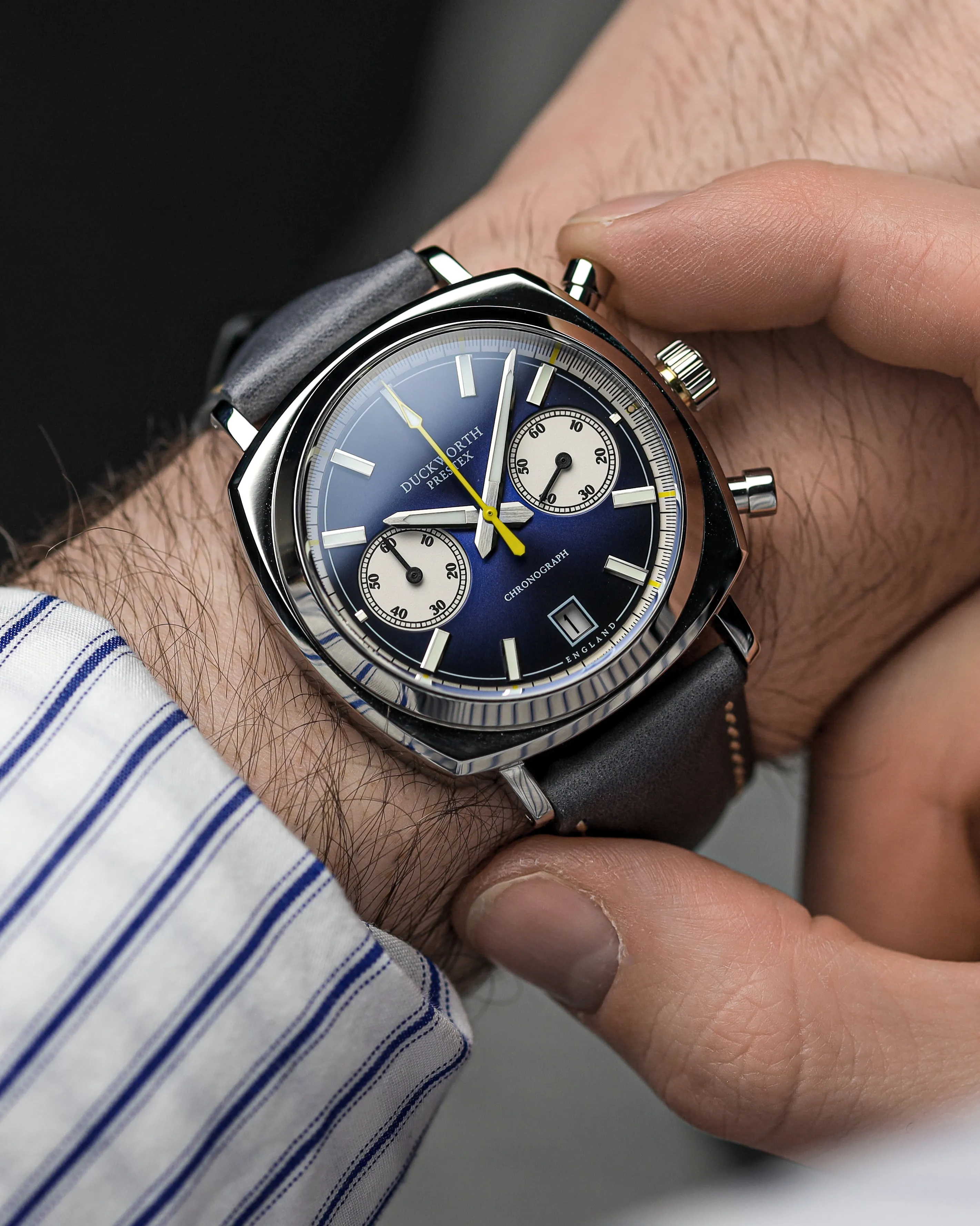 Duckworth Prestex Chronograph 42 Blue Sunburst Grey Leather Watch