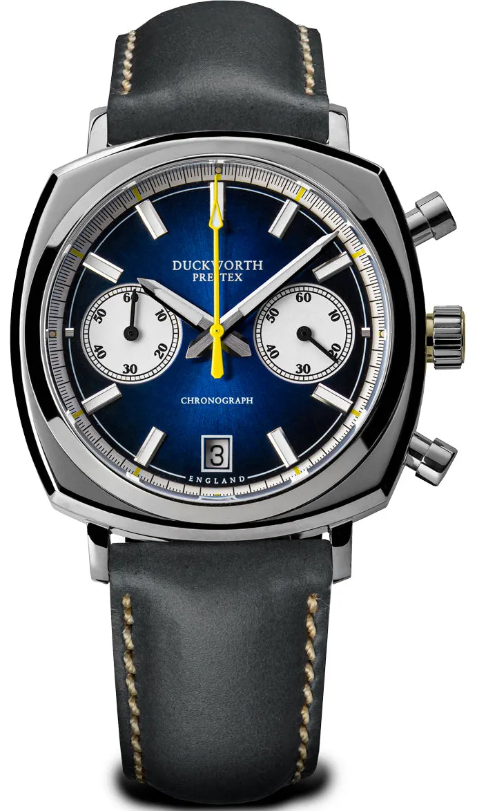 Duckworth Prestex Chronograph 42 Blue Sunburst Grey Leather Watch