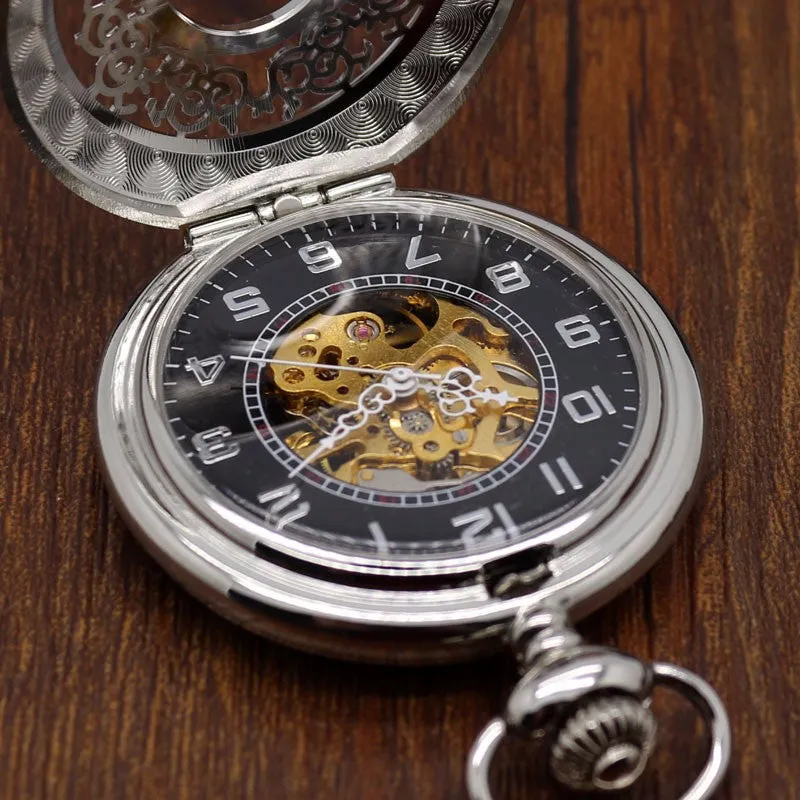 Fashion Hollow Flower Silver Hand Winding Mechanical Pocket Watch Mens Womens Box Bag