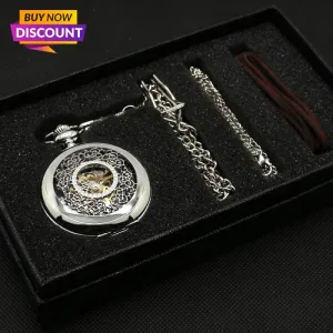 Fashion Hollow Flower Silver Hand Winding Mechanical Pocket Watch Mens Womens Box Bag