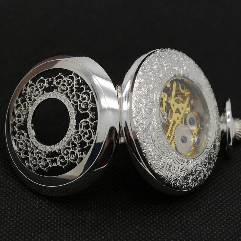 Fashion Hollow Flower Silver Hand Winding Mechanical Pocket Watch Mens Womens Box Bag