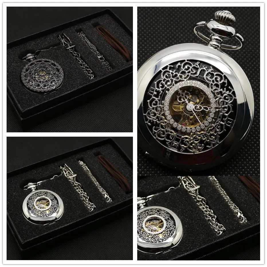 Fashion Hollow Flower Silver Hand Winding Mechanical Pocket Watch Mens Womens Box Bag