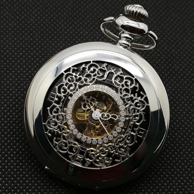 Fashion Hollow Flower Silver Hand Winding Mechanical Pocket Watch Mens Womens Box Bag