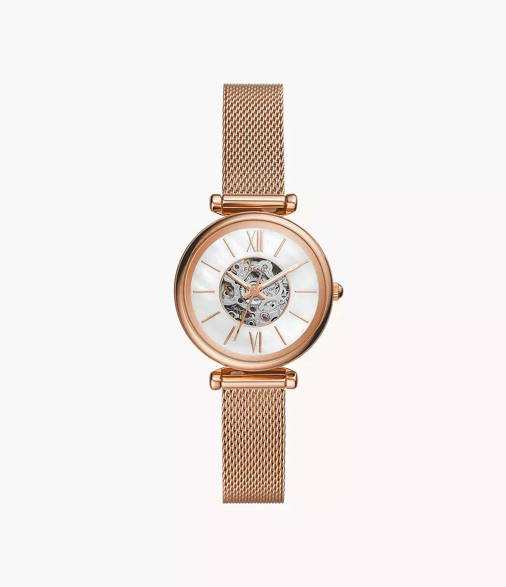 Fossil Carlie Mini Automatic Rose Gold-Tone Stainless Steel Mesh 28mm Ladies Watch