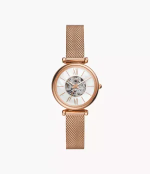 Fossil Carlie Mini Automatic Rose Gold-Tone Stainless Steel Mesh 28mm Ladies Watch