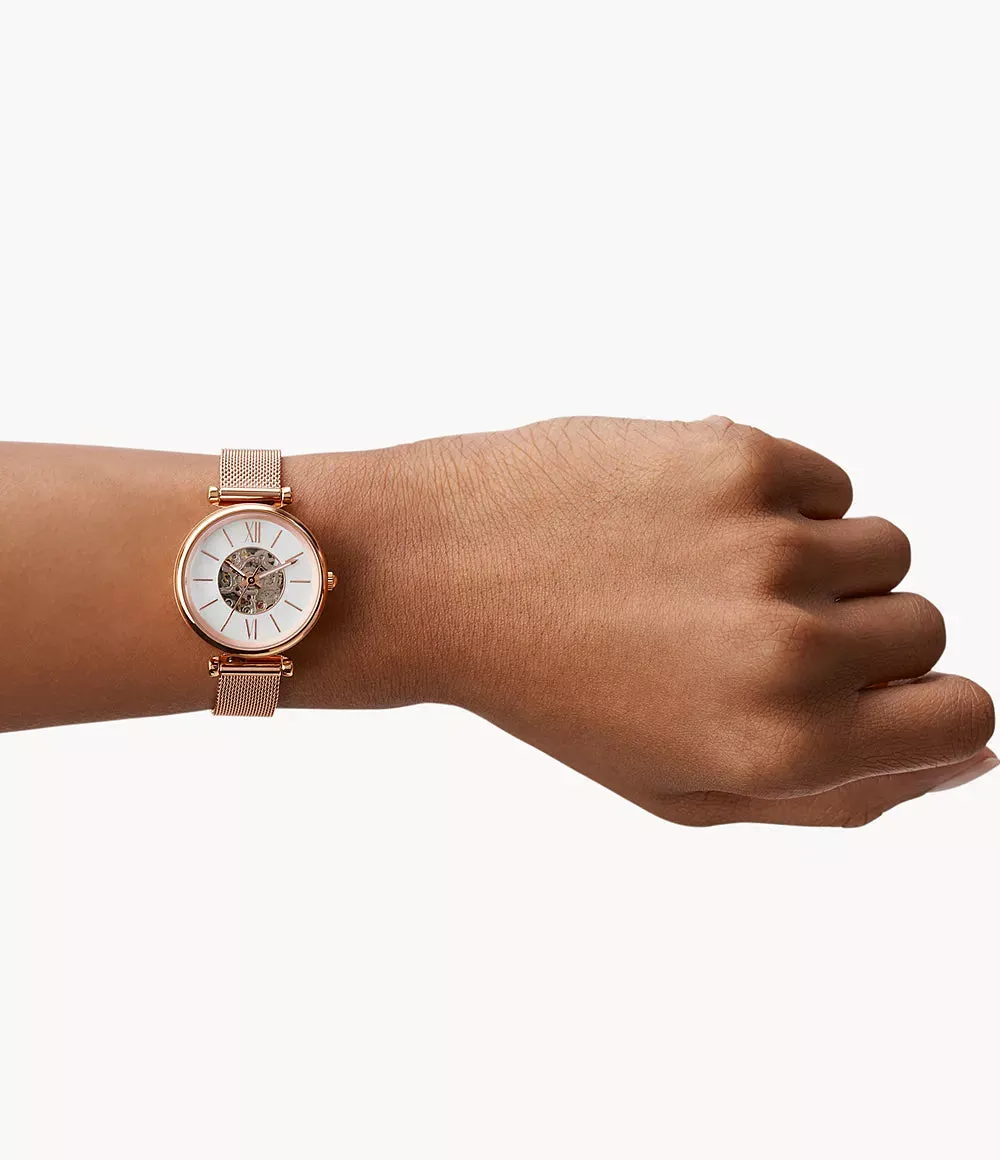 Fossil Carlie Mini Automatic Rose Gold-Tone Stainless Steel Mesh 28mm Ladies Watch