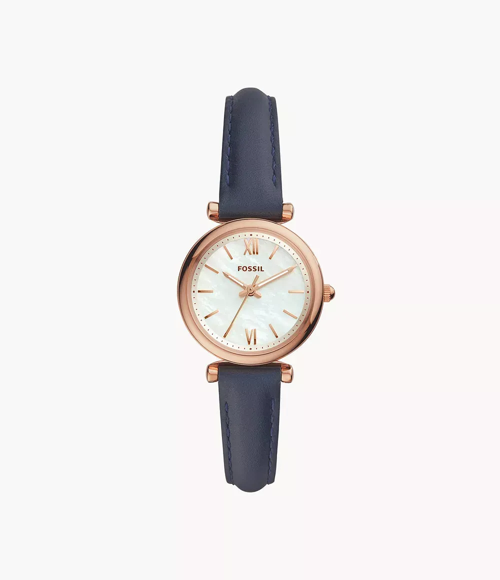 Fossil Carlie Mini Three-Hand Navy Leather 28mm Ladies Watch