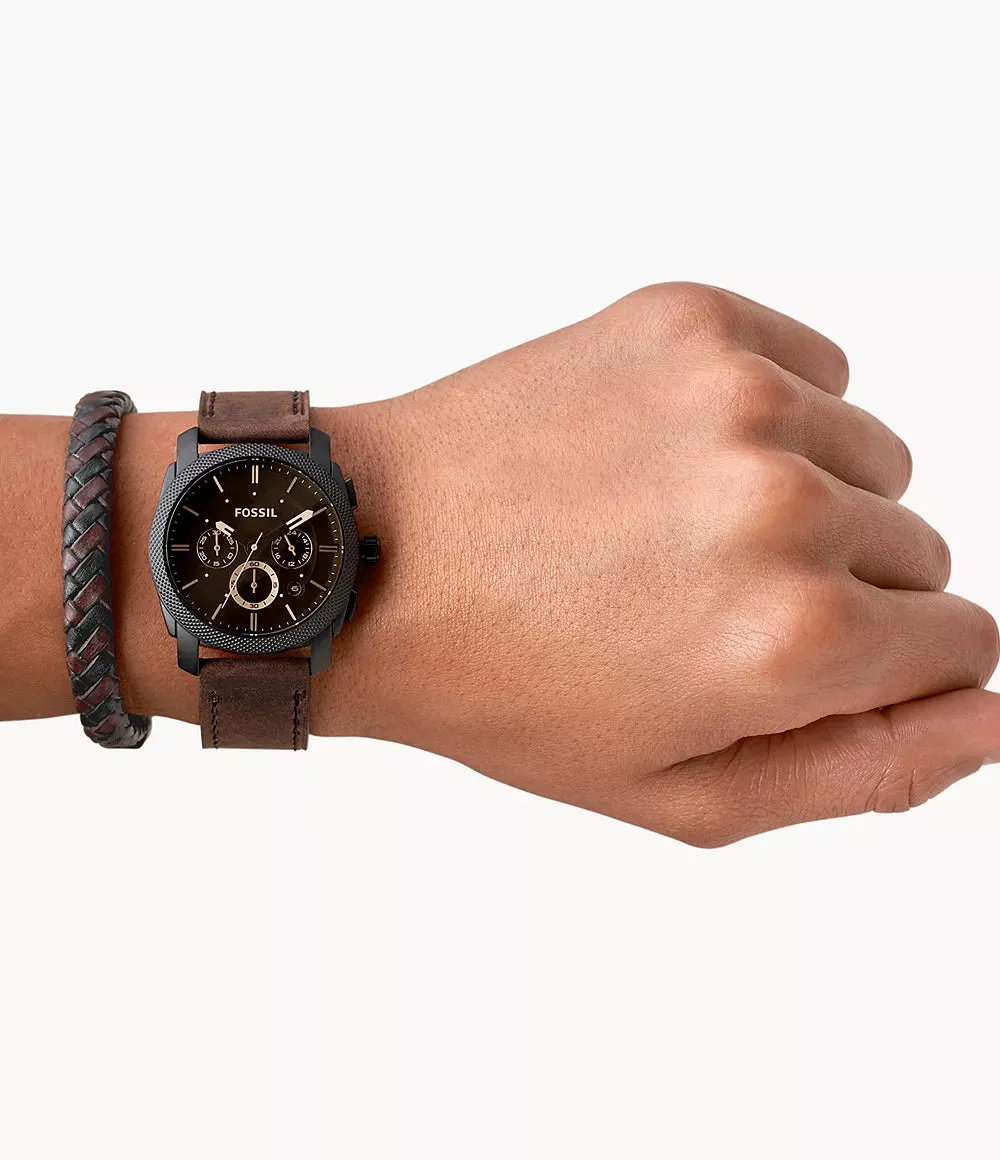 Fossil Machine Chronograph Dark Brown Leather Watch and Bracelet Box Set