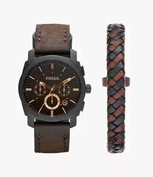 Fossil Machine Chronograph Dark Brown Leather Watch and Bracelet Box Set