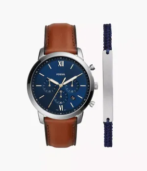 Fossil Neutra Chronograph Luggage Leather Watch and Bracelet Set