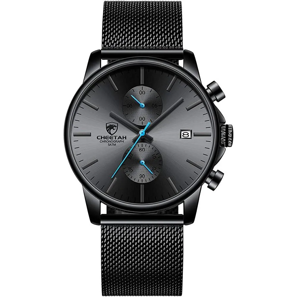GOLDEN HOUR Mens Watch Fashion Sleek Minimalist Quartz Analog Mesh Stainless Steel Waterproof Chronograph Watches for Men with Auto Date