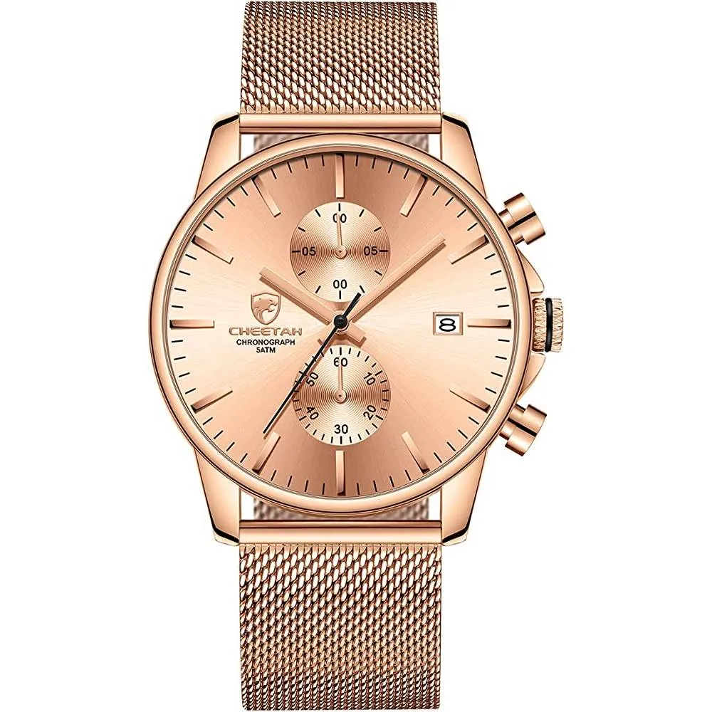 GOLDEN HOUR Mens Watch Fashion Sleek Minimalist Quartz Analog Mesh Stainless Steel Waterproof Chronograph Watches for Men with Auto Date