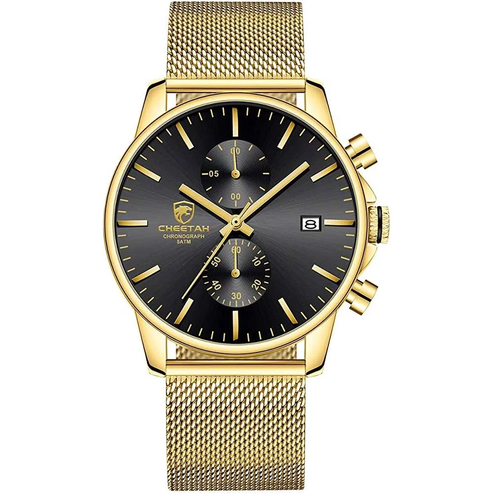 GOLDEN HOUR Mens Watch Fashion Sleek Minimalist Quartz Analog Mesh Stainless Steel Waterproof Chronograph Watches for Men with Auto Date